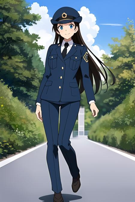 ((masterpiece)),((best quality)),ultra-detailed,illustration,police,uniform,police uniform,1girl,necktie,policewoman,hat,solo,long hair,black hair,police hat,smile,blue eyes,sky,looking at viewer,day,cloud,tree,shirt,outdoors,brown hair,white shirt,upper body,blue sky,anime coloring,jacket,black necktie,closed mouth,blue necktie,collared shirt,black eyes,Beautiful body,Beautiful Nose,Beautiful character design,perfect eyes,perfect face,alluring,wallpaper,perfect lighting,Colorful,ultra highres,4K,photography,
8K,HDR,highres,(Beautiful, medium breasts:1.2),(beautiful face:1.2),(narrow waist),(full body:1.5),shiny skin,anime screencap,from below,<lora:Miyamoto Yumi1:0.7>,mature female,