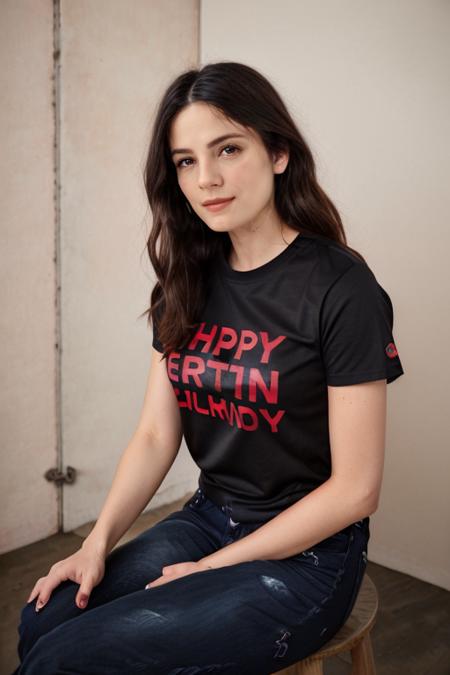 wearing a  vermilion tshirt, jeans,  birthday party  <lora:Monica1873Bar:1> a woman, m1873b, solo,