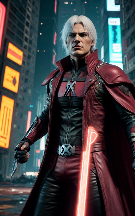Dante <lora:dmc_dante:.6> from devil may cry universe wearing (wearing magneto metal armor:1.1) and (maroon metallic cape:1.1), (reimagined in a cyberpunk universe), (cyberpunk style), (cyberpunk), (wearing magneto metal armor), (augmentation), (cybernetics), glowing neon red lights, cinematic scene, hero view, action pose, beautiful 8k, detailed background, masterpiece, best quality, high quality, absurdres, vivid, detailed skin texture, (neon red glow tubes running through the outfit:1.1), (brooding:0.5), (goosebumps:0.5), subsurface scattering,  <lora:GoodHands-vanilla:1>, perfect eyes, perfect iris