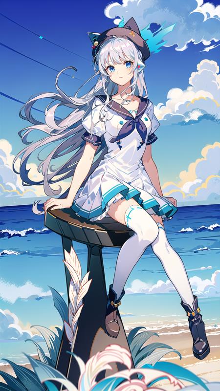 masterpiece, best quality,rotaenoilot,  <lora:IlotRotaenoV1.0:0.8>, full body,1girl, solo, thighhighs, blue eyes, hat, long hair, white thighhighs,looking at viewer, short sleeves, bangs, sitting, skirt, black footwear, boots, white dress, dress, sailor collar,black headwear, collarbone, neckerchief, pleated skirt, breasts, zettai ryouiki, animal hat, hair ornament, grey hair, sitting on beach, ocean background