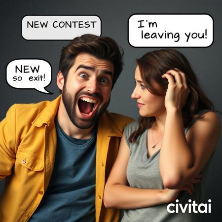 A photographic novel between a very enthusiastic man and a fed-up tired woman. The man says in a text bubble: "NEW CONTEST, so exciting!", the woman says in a text bubble: "I am leaving you". In the bottom right corner is the white and blue logo of "civitai"