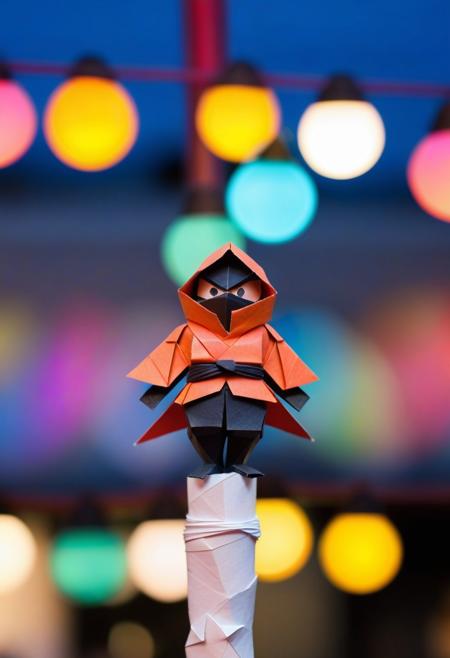 a picture of an origami of a ninja perched on top of a light pole made from a single sheet of multicolored paper, the piece is displayed in a museum with many viewers in the background, bokeh