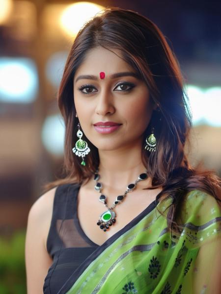 glamour photo of a icruz woman, in black sleeveless salwar kameez, green dupatta, happy, close up, at night, city light bokeh, Canon 5Diii,  looking at camera, perfect facial features  <lora:icruz_sdxl_LoRA-000004:1>