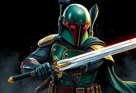 Mirror Swordknight Boba Fett, green & black armor, gold accents, black helmet, red visor, katana. Black magic ritual background. Dynamic action pose, intense stance. Splash ink illustration, octane render, Unreal Engine 5, Raphael style, Houdini style, cinematic lighting, CGSociety, trending on Artstation, golden ratio, 4k, high-res, exceptional quality, lifelike details, super detailed face, beautiful detailed eyes.