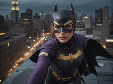 (((aerial view)))  ((from above)) and ((cowboy shot) extreme camera angles,cinematic, colour graded, analog photograph using a Nikon F6 with strong film grain and bokeh effect, 25-year-old fighting pose, on a thunderstorm night rooftop ledge, dramatic lighting, gritty, futuristic New York City, noir feel, purple and gold Batgirl superhero suit with a mask, detailed face and eyes with visible pores and scars, 2077 cyperpunk