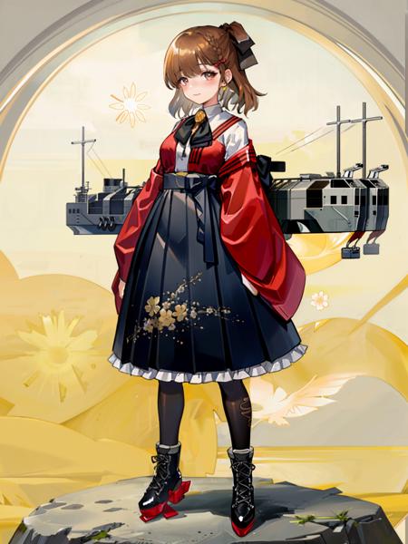 asahi \(kancolle\), 1girl, solo, skirt, japanese clothes, pantyhose, boots, white background, simple background, hakama, hakama skirt, black hakama, full body, bow, black skirt, personification, black pantyhose, bangs, long sleeves, ribbon, wide sleeves, black footwear, standing, kimono, rigging, breasts, closed mouth, looking at viewer, hair ornament, hair ribbon, pleated skirt, hairclip, smile, frills, blush, medium breasts, shirt, high heel boots, floral print, hakama short skirt, side braid, turret, neck ribbon, lace-up boots, own hands together, original, intricate detail, illustration, masterpiece, extremely detailed CG unity 8k wallpaper, highlight, sharpening, dynamic, <lora:Asahi:0.8>