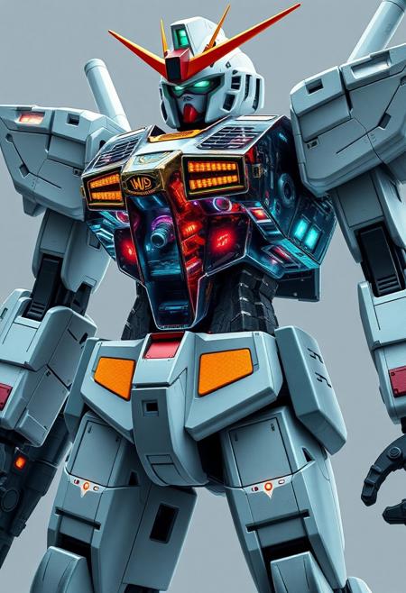 hyperrealistic, gundam, A gundam robot with a cut-away view showing cockpit, pistons and led's and circuit boards and motors