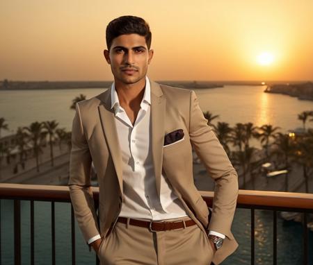 Nautical-themed (Photo:1.3) of (Ultrarealistic:1.3) <lora:Man_Men_FFashion:1> mena massoud a man <lora:shubman-gill_Mena-Massoud:1> in a tan suit standing on a balcony, sun behind him, inspired by Pablo Munoz Gomez, shot at golden hour, editorial photograph, midshot of a hunky, by Roman Bezpalkiv, by Artur Tarnowski, maxim sukharev, by Gabor Szikszai,Highly Detailed,(Mono Color:1.3) . Sea, ocean, ships, maritime, beach, marine life, highly detailed