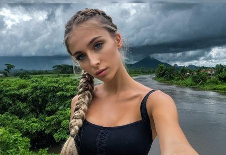 24 year old, supermodel, very skinny, petite, medium breasts, Jet black fishtail braid, Nicaraguan real world location , taupe skin, blue eyes, fair skinned,   best quality , RAW photo, subject, 8k uhd,  high quality, photorealistic, elite    , fair-skinned female, pale skin, ,   swanky  , industrial aristocracy, mogul, 
Imperceptible detail  , Casio EXILIM EX-Z8,        ,    loaded,  A passionate kiss in the rain, with dark clouds swirling overhead,  <lora:add-detail-xl:1>
Double exposure shot, <lora:slogmclsfXLrd:0.8> slogmclsfft, 1girl, solo, realistic, selfie, phone, cellphone, smartphone, holding phone, holding, Fit,