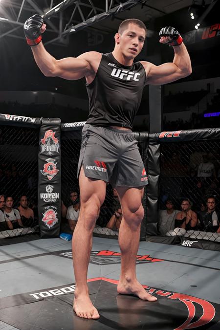 UFC fighting ring, standing in the ring, sweaty DrakeTyler, wearing  dark gray muscle shirt, UFC Venum shorts, UFC fighting gloves, fighting stance, (((full body portrait))), wide angle <lora:DrakeTyler:0.75>