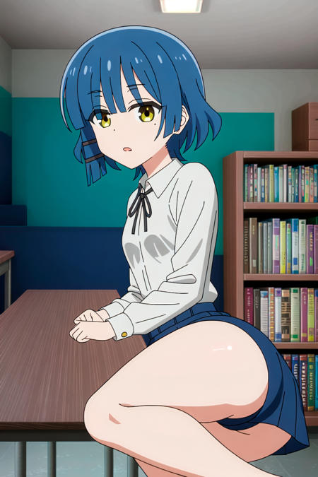 1girl, solo, high_quality, 8k, masterpiece, defined_pupil, vivid_colors, (high_quality_eyes:1.1), 

(classroom_background:1.2), bookshelf,

looking_at_viewer, (lying:1.2), (on_table:1.2),

blushed, serious, open_mouth,

(white_collared_shirt:1.3), (blue_skirt:1.2), (black_neck_ribbon:1.2),

thighs, defined_ass,

(medium_breasts:1.3), perfect_breasts, sexy_body, hairclip, mole, mole_under_eye, short_hair, bangs, blue_hair, <lora:sksryoyamada:0.7>