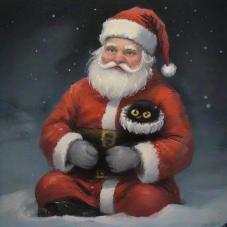 <lora:SDXL_Vanessa Stockard_Sa_May-000011:1> Santa with a small black cat with jabbo, winter