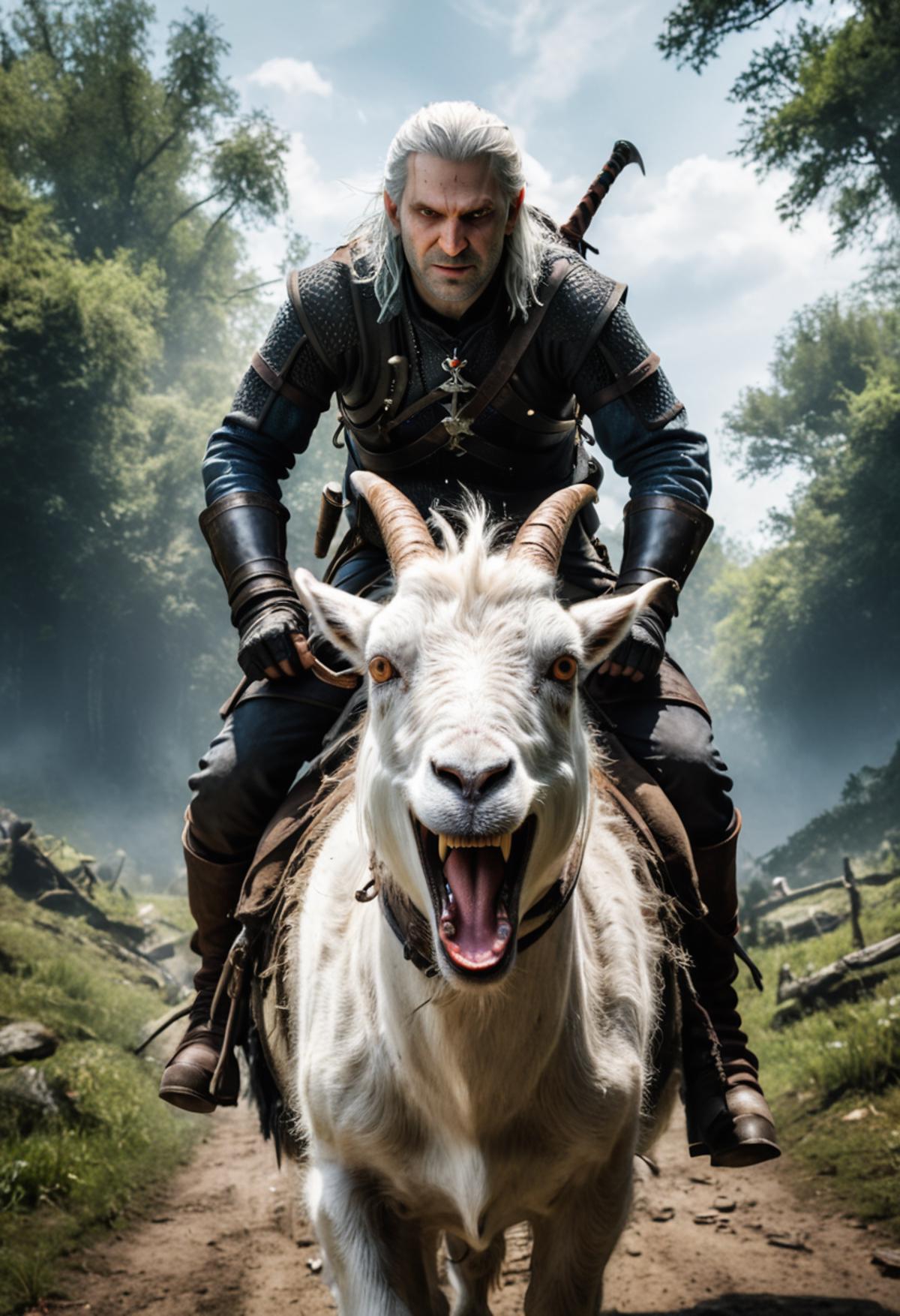 A man riding a goat with a sword in his hand.