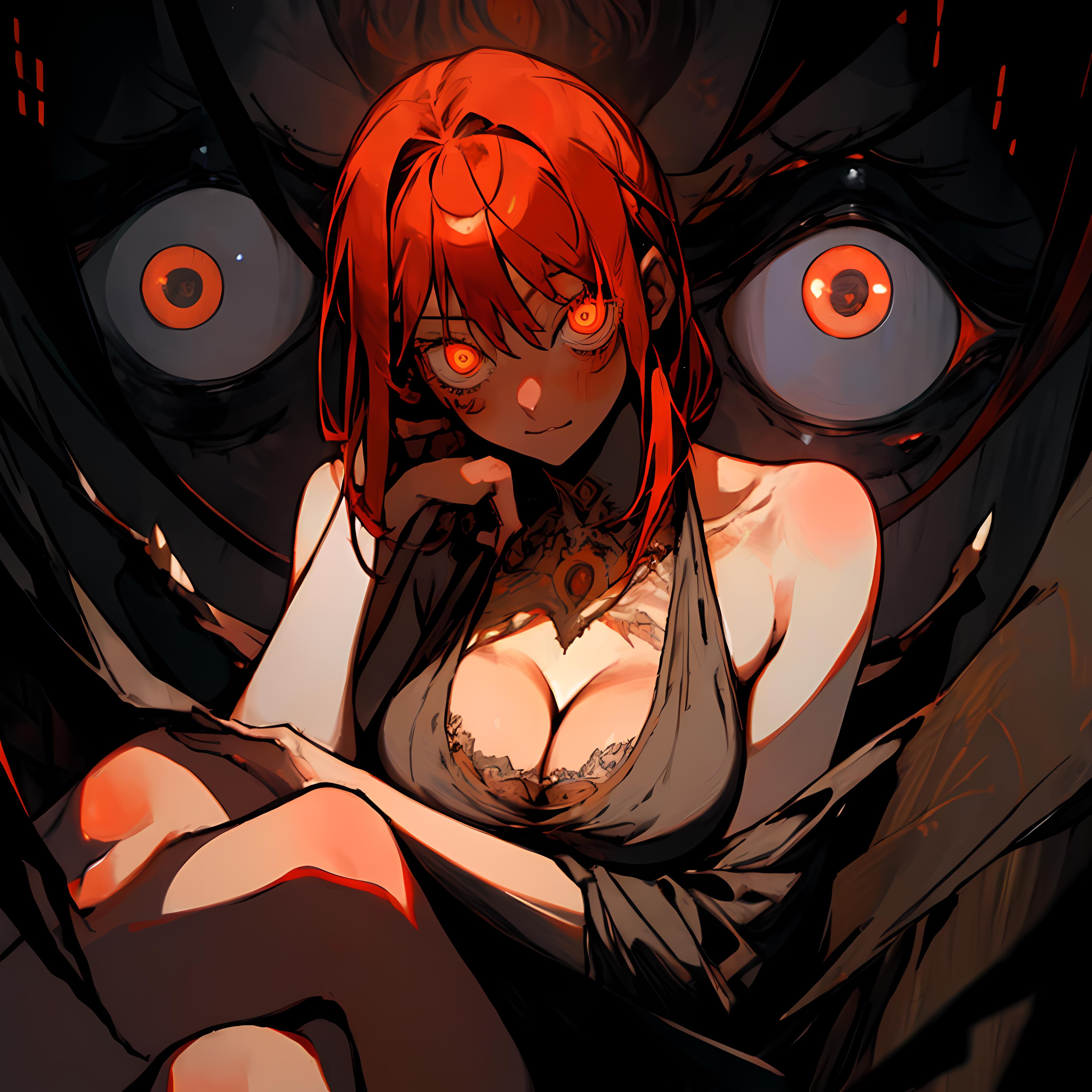 A woman with red hair is sitting in front of a monster with glowing eyes.