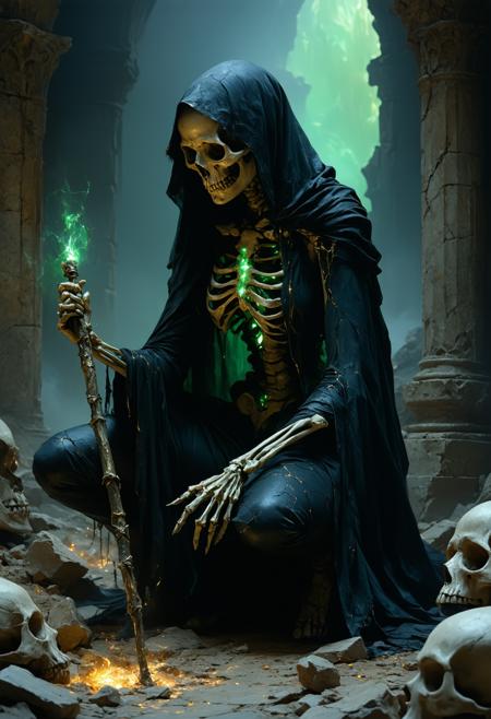 A hauntingly beautiful elven necromancer kneels in a twilight necropolis, her obsidian-and-gilded robes pooling like liquid shadow, conducting a ritual over cracked bone fragments. Low-angle perspective amplifies her towering presence, her face framed by intricate skull warpaint shimmering with iridescent decay—cracks revealing glowing emerald beneath. Art Nouveau elegance (Alphonse Mucha’s flowing lines) clashes with Brom’s dark fantasy grit. Chiaroscuro lighting carves her textured, alabaster skin, while her staff pulses with bioluminescent gold, casting spectral runes onto mist. Veiled whispers hum as skeletal fingertips breach the earth, threads of soul-light weaving between her fingers and the soil.