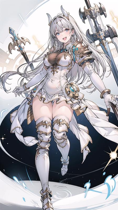 1girl, solo, long hair, breasts, horns, thighhighs, open mouth, tail, weapon, smile, high heels, blue eyes, white hair, white footwear, dress, armor, white thighhighs, gloves, large breasts, full body, boots, white dress, holding weapon, very long hair, thighs, white gloves, bangs,  <lora:SuffrenV1.0:0.8>, suffrenlibre, standing,