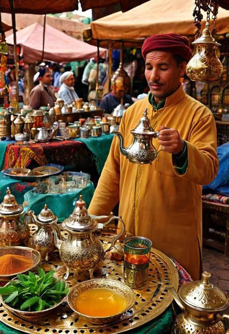 Atai Street: Moroccan Tea Stall
Concept: atai, Moroccan mint tea, street, market, traditional, vibrant, cultural, bustling, warm.
Core Elements: street vendor, traditional tea stall, teapot, glasses, fresh mint, spices, lively market background.
Atmosphere/Mood: lively, authentic, bustling, inviting, cultural, warm, aromatic.
Setting Details: a vibrant Moroccan street scene, with a tea vendor preparing atai at a traditional stall, surrounded by market activity.
Central Figure Details: vendor and stall. Vendor skillfully pours tea. Ornate silver teapot, small colorful glasses, fresh mint, and possibly spices (cinnamon, saffron) displayed. Stall decorated with traditional patterns. Background: blurred market, people, other stalls.
Lighting: warm, inviting light, mix of natural and artificial (e.g., lanterns). Highlights steam, tea colors, and textures.
Composition: Portrait or Landscape. Focus on the vendor and tea stall. Background: dynamic, lively street scene.
Color Palette: dominant warm browns, earthy tones, vibrant greens of mint. Rich blues, reds, golds from textiles and tea ware. Market colors: diverse, lively, contrasting.
Quality: atai, photorealistic, ultra detailed, traditional, cultural, visually striking, warm, bustling.