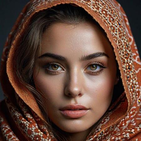 a photorealistic portrait of a stunningly beautiful woman without make-up, extremely detailed light hazel eyes, detailed symmetric realistic face, natural skin texture, extremely detailed skin with skin pores, peach fuzz, messy hair, wearing shawl over her head, masterpiece, absurdres, award winning photo by lee jeffries, nikon d850 film stock photograph, kodak portra 400 camera f1.6 lens, extremely detailed, amazing, fine detail, rich colors, hyper realistic lifelike texture, dramatic lighting, unrealengine, trending on artstation, cinestill 800 tungsten, looking at the viewer, photo realistic, RAW photo, TanvirTamim, high quality, highres, sharp focus, extremely detailed, cinematic lighting, 8k uhd