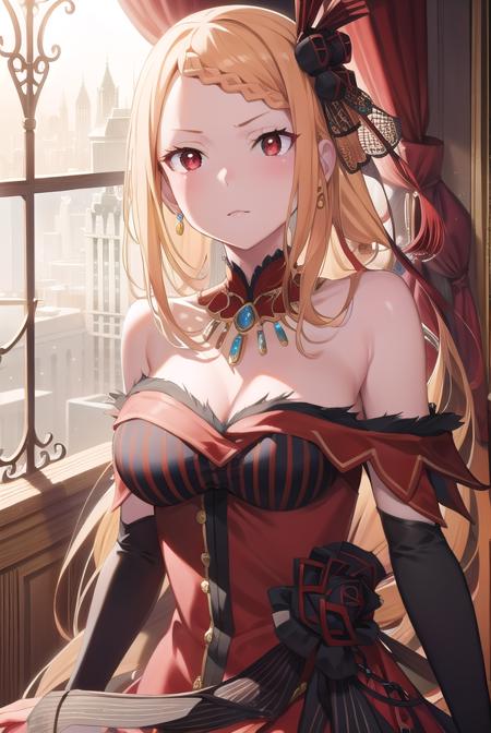 priscilla barielle, long hair, blonde hair, (red eyes:1.5), braid, single braid, braided bangs, one side up, hair ornament, gloves, dress, bare shoulders, jewelry, pantyhose, earrings, black gloves, necklace, high heels, red dress, red footwear, bridal gauntlets,