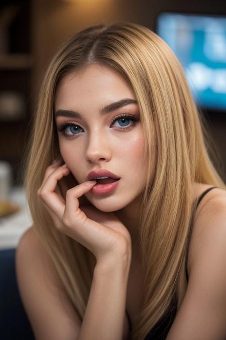 wearing luxury outfit, a beautiful European girl, 18 years old, pale skin, highly detailed face, ultra detailed oiled sweaty dirty skin, petite, perfect tits, Dillon Harper, detailed nipples, one fingertip barely in mouth, messy natural blonde hair, blue piercing eyes, (lustful facial expression, seducive expression, lusty, lascivious:1.3), dark moody, luxury premium background, warm colors, accurate natural color graded photo, 4K film still, remarkable color, ultra realistic, candle light, texture quality high, shadow quality high, 32bit color, DLSS upscaled,upscaled,Porta 160 color, shot on ARRI ALEXA 65, bokeh, sharp focus on subject, shot by Don McCullin, nsfw, very detailed,high detailed texture,depth of field,cinematic illumination,reaction frame,8k,volumetric lighting,rating_questionable,detailed, , <lora:ReaLora:0.4>, <lora:hairdetailer:0.4>, <lora:more_details:1>, <lora:breastsizeslideroffset:0.3> Ariana Grande-Butera