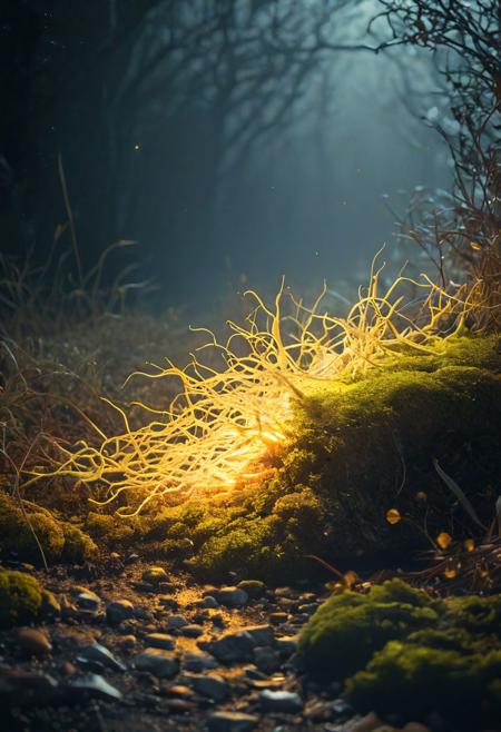 a contaminated ground,   a glowing fungus growing over a carcass, photorealism, intricate details, extremely detailed, masterpiece, masterpiece, Outstanding intricacies, best quality, hires textures, high detail, incredibly detailed, Cinematic Lighting, at night, Cinematic photography, movie mood, cinematic light, compelling composition, storytelling elements, conveys emotion, mood, and narrative depth, creating visually striking images that feel like still frames from a film, night photography, nocturnal beauty, city lights, starry skies, celestial wonders, moonlit landscapes, urban glow, capturing the essence of darkness, ethereal atmosphere, dramatic shadows, magical ambiance, long exposure techniques, expert use of light sources