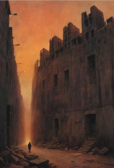 A watercolor painting, a lonely figure walking through a fantastical city made of stone buildings with a warm sunset background.digital artwork by Beksinski