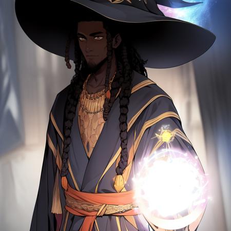 masterpiece, best quality, 1boy, dark skin, very dark skin, african, dreadlocks, robe, black hair, witch hat, magic, energy, casting spell