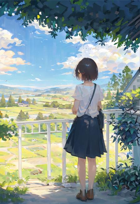 1 girl, outdoors, alone, skirt, tree, brown shoes, clouds, sky,, brown hair, landscape, railing, standing, from behind, meadow, shadow,  sky, shoes, sun dappled, sunlight, scenery,  (illustration:1.0), masterpiece, best quality,  <lora:Speedpainta:0.76>