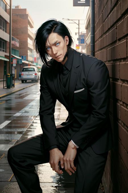 ((ultra detailed, masterpiece, best quality))
 <lora:CyberSandayuOda:0.8>
CyberSandayuOda, 1boy, solo, black hair, blue eyes, handsome, muscular, In an urban alley, tailored suit, city lights reflecting on wet pavement, leaning against a brick wall with a mysterious gaze