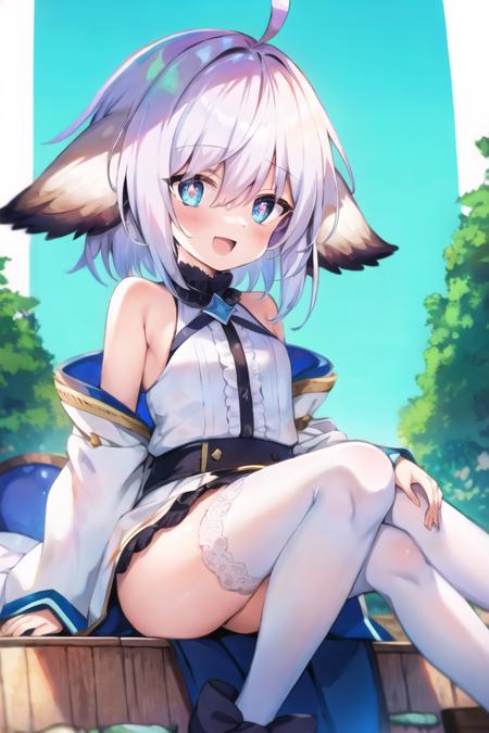 <lora:wamdus:0.65>best illustration, 2D, sfw, BREAK
wamdus, thst, 1girl, thighhighs, ahoge, blue eyes,  solo, white thighhighs, symbol-shaped pupils, bare shoulders, bangs, hair between eyes, white hair, detached sleeves, short hair, sleeveless, dress, animal ears, white dress, long sleeves BREAK
:d,  ,hut,sitting,femdom,upskirt