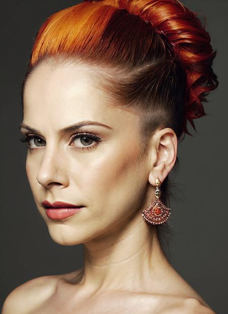 portrait of sks woman by Flora Borsi, style by Flora Borsi, bold, bright colours, orange Mohawk haircut, ((Flora Borsi)), <lora:locon_ana_v1_from_v1_64_32:1.4>