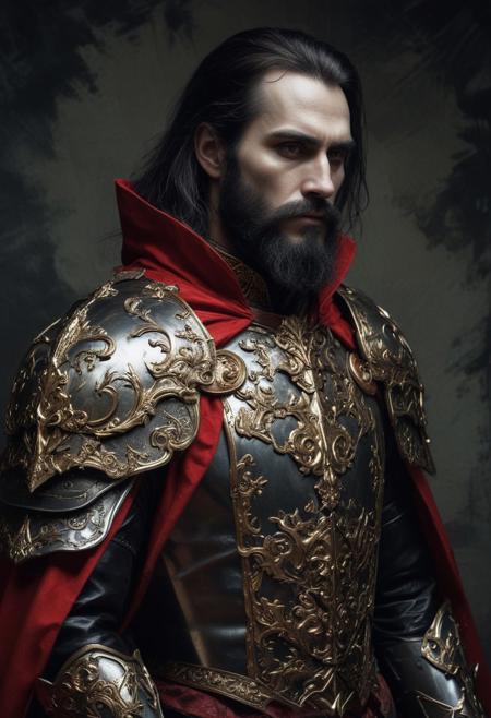 The Dark vampire grand lord, Young, long hair, bearded, Victorian Style armour, red cape, golden armour, black and white old photography, vintage, grunge, top light, masterful painting in the style of Anders Zorn | Marco Mazzoni | Yuri Ivanovich, Todd McFarlane, Aleksi Briclot, oil on canvas