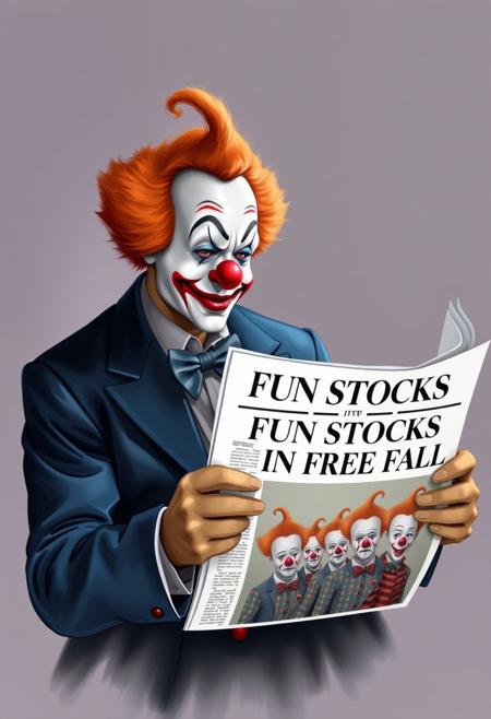 Image depicts a male clown reading a newspaper, the cover has the headline "FUN STOCKS IN FREE FALL", the photo in the newspaper depict a line of clowns, all sad, in a line, as if they were