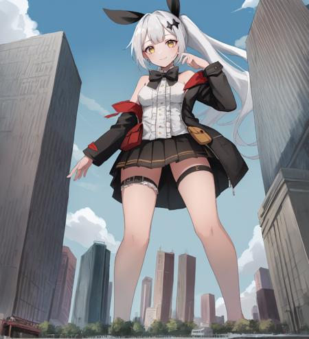 <lora:FiveSevenNormal:1>,1girl,ponytail,white hair,hair ribbon,yellow eyes,hair ornament,smile,bowtie,black jacket,bare shoulder,frills,black skirt,thigh strap,<lora:Giantess2:1>,giant,giantess,(very detailed city:1.2),from below,(skyscraper:1.3),full body,Looming,very low angle,intense perspective,up skirt,pouch,looking down at viewer