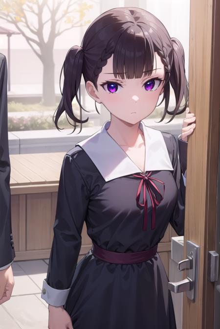 makishijou, <lora:makishijou-lora-nochekaiser:1>,
maki shijou, bangs, blunt bangs, (purple eyes:1.1), twintails, two side up, braid, short twintails,
BREAK long sleeves, dress, ribbon, school uniform, black dress, red ribbon, neck ribbon, collared dress, shuuchiin academy school uniform,
BREAK outdoors,
BREAK looking at viewer, (cowboy shot:1.5),
BREAK <lyco:GoodHands-beta2:1>, (masterpiece:1.2), best quality, high resolution, unity 8k wallpaper, (illustration:0.8), (beautiful detailed eyes:1.6), extremely detailed face, perfect lighting, extremely detailed CG, (perfect hands, perfect anatomy),