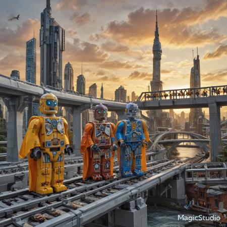2 LEGO robots  in a LEGO monorail station . they are in LEGO robes that are worn. the are looking out over the LEGO city. LEGO Monorail track. 
hive LEGO city made out of LEGO gears is in the background and is made up LEGO tall buildings and LEGO towers. The sky is sunset and there are  clouds in the distance a river run through it flooding the city. extremely detailed, moody
 <lora:Hive-City:1>