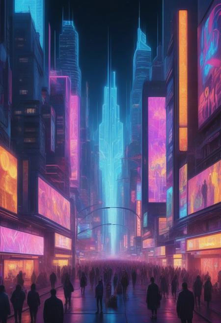 Bustling Futuristic Cityscape: A lively, neon-lit futuristic cityscape with photorealistic high-rises and streets teeming with people. The scene combines Art Deco's bold, geometric structures with the vibrancy of graffiti art, capturing street vendors, pedestrians, and futuristic fashion styles. Bright, abstract street murals add a touch of pop art, while holographic billboards bring a surrealistic dimension to the cityscape. The entire scene is a symphony of light, energy, and intricate detail, blending traditional and futuristic aesthetics in a happy, bustling atmosphere.