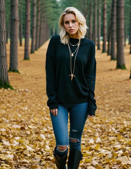 close up analogue photo of a beautiful 25 years old blond woman, clear focus, high resolution image, RAW full body analogue photo of a beautiful 25 years old woman, clear focus, high resolution image,  ,wearing Dark aesthetic, a black oversized sweater with skull prints, skinny jeans, combat boots, and layered necklaces,,high quality, film grain, Fujifilm XT3, 8k uhd, dslr, film grain, kodak tri-x 400 film, grain photo DOF, faint lighting, dynamic angle, cinematic, Depth of field, bokeh, best quality, cinematic, light particles, highly_detailed, very_aesthetic, golden hour, beautiful_and_aesthetic ,Sexy pose, erotic pose, exhibitionism, ,A tranquil forest path with fallen leaves and chirping birds