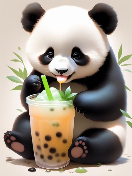 A panda cub bear drinking boba tea, in the style of artgerm, edogawa ranpo, studyblr, jerry pinkney, high resolution, dotted, loose and fluid,