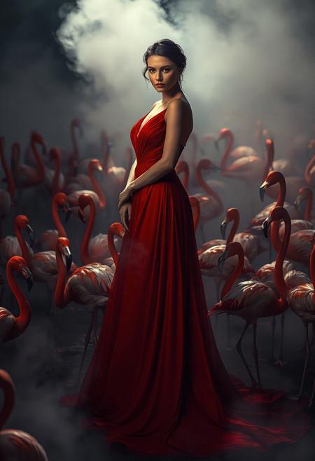 A stunning, elegant woman standing gracefully in the middle of a flock of flamingos. She wears a flowing, long red gown with an extended train that trails behind her, blending seamlessly with the vivid surroundings. Her presence is powerful yet enigmatic, her expression calm and unreadable. The atmosphere is moody and mysterious, with mist rising from the ground and soft, diffused lighting casting dramatic shadows. The flamingos gather around her peacefully, their pink feathers contrasting with the rich red of her gown. Cinematic composition, surreal ambiance, high detail, fashion fantasy, ethereal setting.