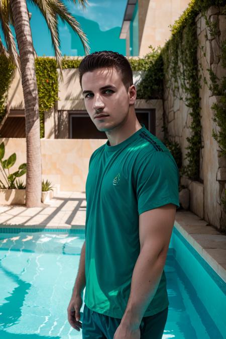 <lora:dnlrx_v1-000009:1> dnlrx, masterpiece, best cinematic quality, photorealistic highly detailed 8k raw photo, volumetric lighting, volumetric shadows, young man in casual clothes, dynamic pose, green eyes, swimming pool background