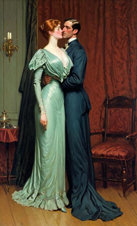 (Women are tall with good posture. Women are haughty, women are elegant, women are superior, women are beautiful with high and prominent cheekbones, women have beautiful natural warm skin tones and long and luxuriant (blonde:auburn:0.3) hair, Women are slender with massive breasts. Women wear Edwardian evening gowns and narrow skirts. Women arehealthy and hearty and mirthful.   Women have full lips and a slight sneer:0.8).  Men are tiny and short, men are sniveling and nervous, men have short hair and timid expressions. The scene is moody,  a sketch by Charles Dana Gibson. (An elegantly dressed, very tall and haughty Gibson Girl in a palatial room:1.3) <lora:hand 4:0.5>hand  <lora:Gibson_XL:0.5> by g1bs0n <lora:Belle_Epoque_Dresses_1880-1914_XL:0.5> 1910_dr3ss  female focus, high heels <lora:sinfully_stylish_SDKL:0.5> 1boy, 1girl, masterpiece, 4k, uhd, dynamic action,  an oil painting by AH_FLeighton leighton <lora:Paintings_by_Frederic_Leighton_-_Victorian_painter_Academicism_Pre-Raphaelite_style_:0.5> ah_fleighton, ledmund leighton, romanticism painting
