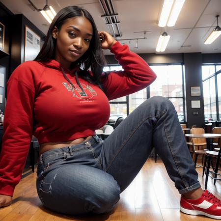 RAW photo, realistic, one  (mesogts) woman, red sweatshirt and (jeans), (minigts), (sitting on floor), (head touching ceiling), coffee shop, muscular, voluptuous, table, chair, window, ceiling, (high detailed skin), 8k uhd, dslr, soft lighting, high quality, film grain, Fujifilm XT3, (full body portrait), Israeli face, black hair, ebony skin, <lyco:minigts_v3_lycoris:0.75>