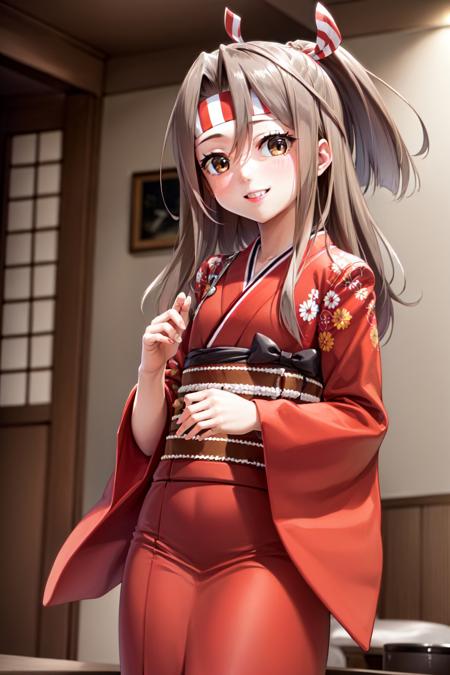 zuihou, high ponytail, headband, hachimaki, japanese clothes, wide sleeves, muneate, shorts zuihounewyear, high ponytail, headband, hachimaki, japanese clothes, red kimono, wide sleeves, sash, obi