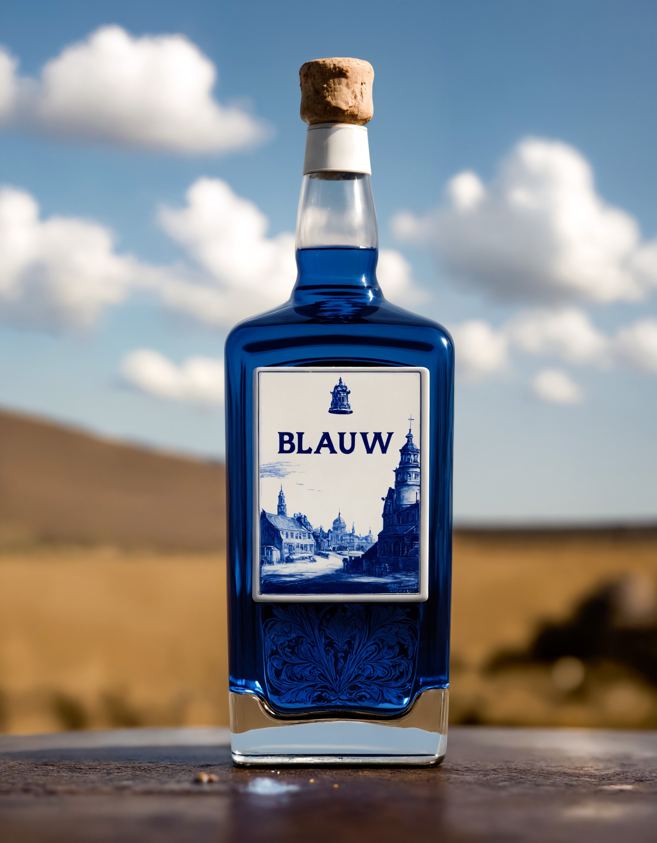 macro shot of a delfts blauw porcelain whisky bottle, cinematic still, movie screencap