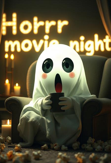 cute adorable, ghost-like creature with large, expressive eyes that capture a sense of wonder and curiosity. The creature's should be soft and illuminated , with shades of white that blend seamlessly with its dark surroundings. stunning cozy evening scene featuring a cute ghost character wrapped in a blanket, it's jaw hanging open, eyes huge, surprised expression on its face, sitting on a comfortable armchair, holding a mug, with scattered popcorn around and candles providing warm light, Behind it there are glowing letters that say "Horror movie night", moody, grainy, noisy, concept art, by Alberto Seveso, Cyril Rolando, Dan Mumford, Meaningful Visual Art, Detailed Painting, Digital Illustration, Unreal Engine 5, 32k maximalist, hyperdetailed fantasy art, 3d