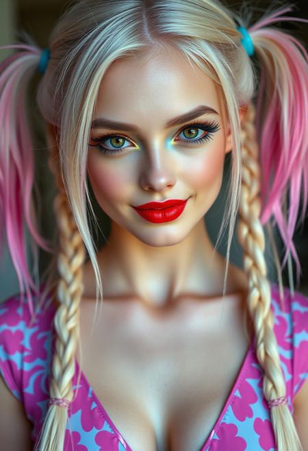 a gorgeous 20 years old caucasian woman, very pale skin, platinum blond very long hair in unkempt long pigtails on her each head's sides with the right pigtail in cyan color and the left pigtail in pink color, long red eyelashes on her left eye and long blue eyelashes on her right eye, blue mascara on her right eye and red mascara on her left eye, purple eyeliner define her big beautiful amber eyes, green eyeshadow on her right eyelid and orange eyeshadow on her left eyelid, luscious sensual red glossy lips in sexy smear, rouge, sexy curves, big breastsm sexy feminine latex dress with cleavage in cyan-pink pattern, looking at viewer naughty and playfully, seductive smile