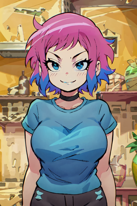 <lora:ScottPilgrim:1> ScottPilgrim Style, 1girl, solo, smile, short hair, bangs, shirt, medium breasts, closed mouth, blue hair, upper body, pink hair, short sleeves, sidelocks, multicolored hair, choker, indoors, blurry, black eyes, two-tone hair, blurry background, blue shirt, t-shirt, meme