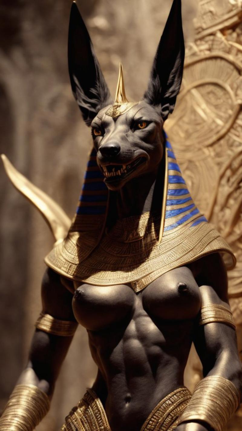 An Ancient Egyptian Statue of a Warrior with Gold and Blue Accents and Fierce Expression.