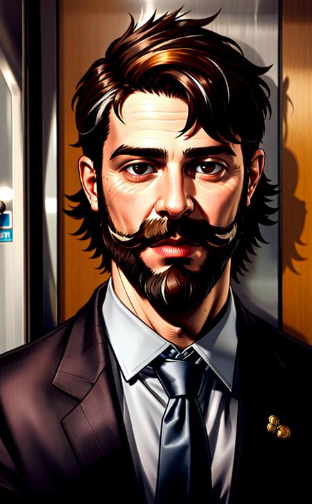 1boy, male focus, elevator, salaryman, business suit, looking to the side, messy hair, pixie cut, two-tone hair, brown hair, beard, mustache, realistic, (photorealistic:1.1), (lineart:0.8), (black outline:0.4), (thick outlines:0.5),